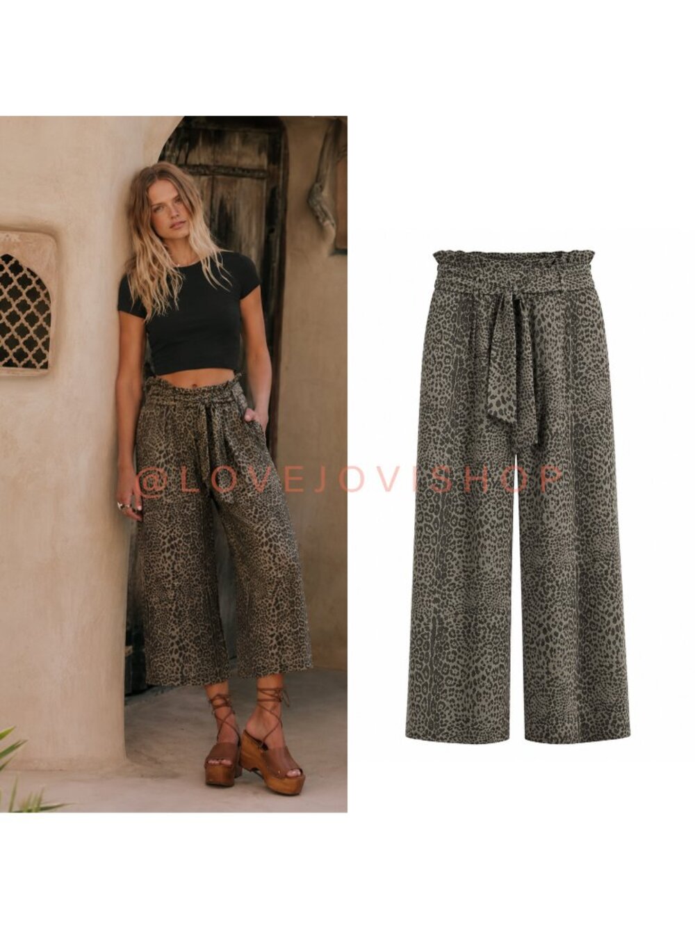 Bohemian | Leopard Paperbag Waist Cropped Wide Leg Pants XL NWT | Grey Beige